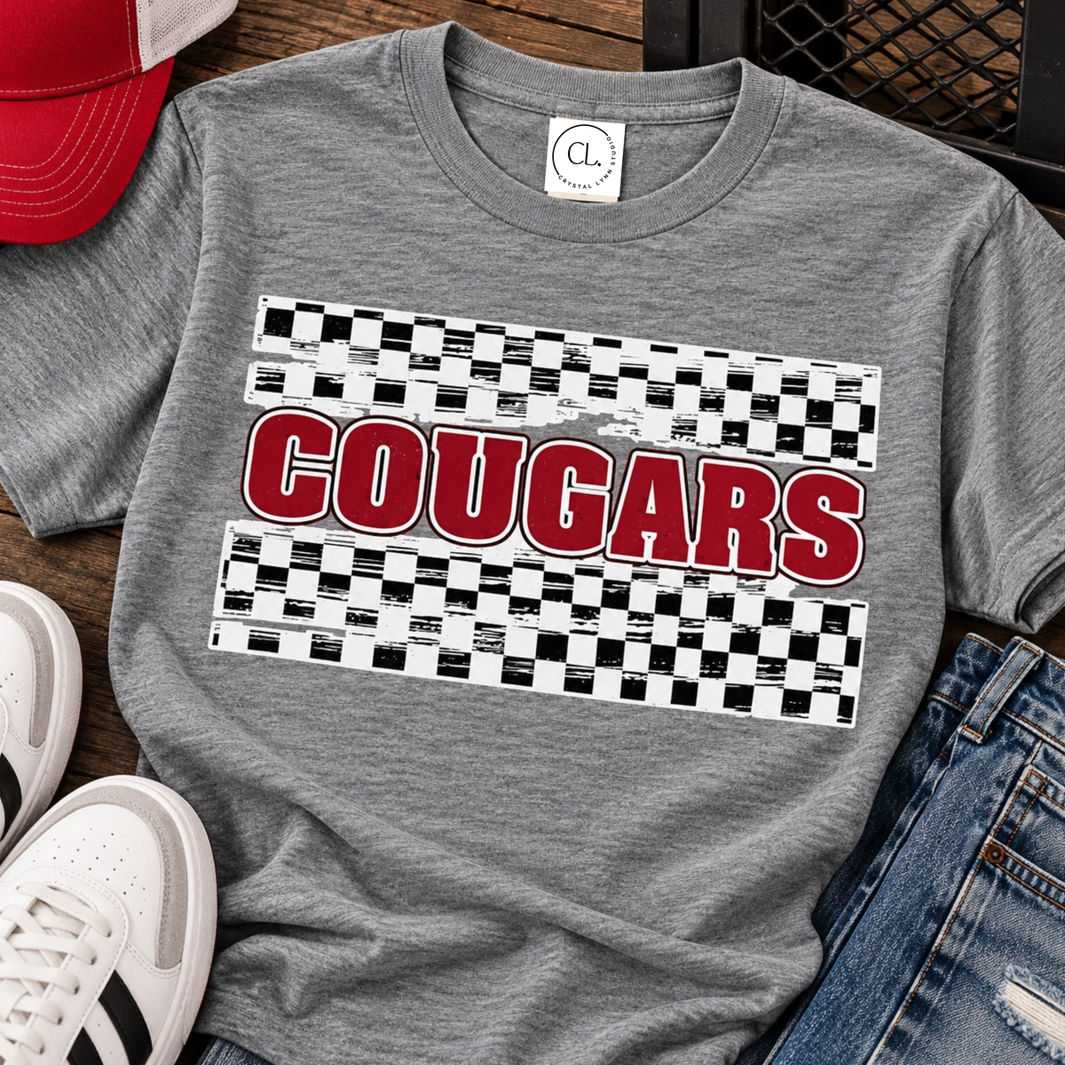 Cougars Distressed Checkered Tee