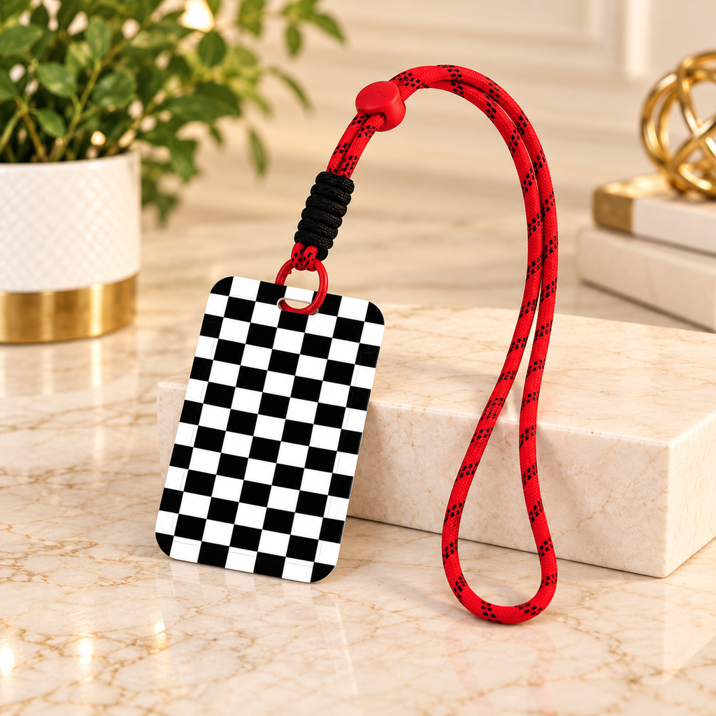 Checkered ID Badge Holder with Adjustable Wrist Lanyard