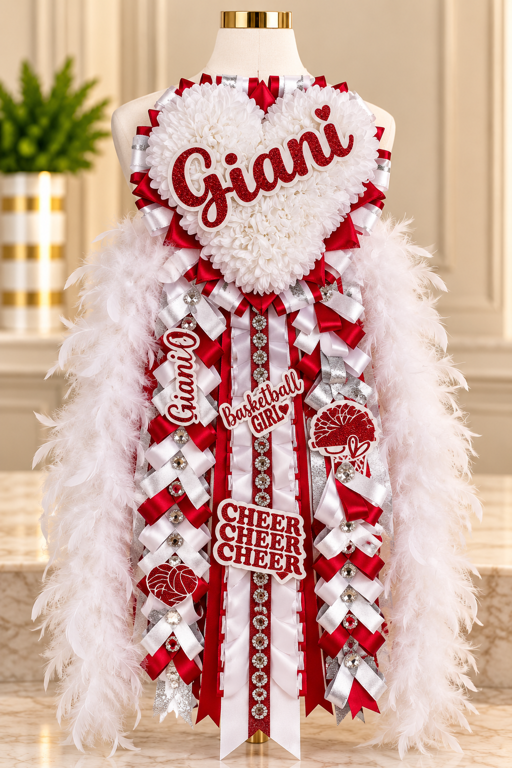 30 inch Triple Heart Homecoming Mum w/Boa