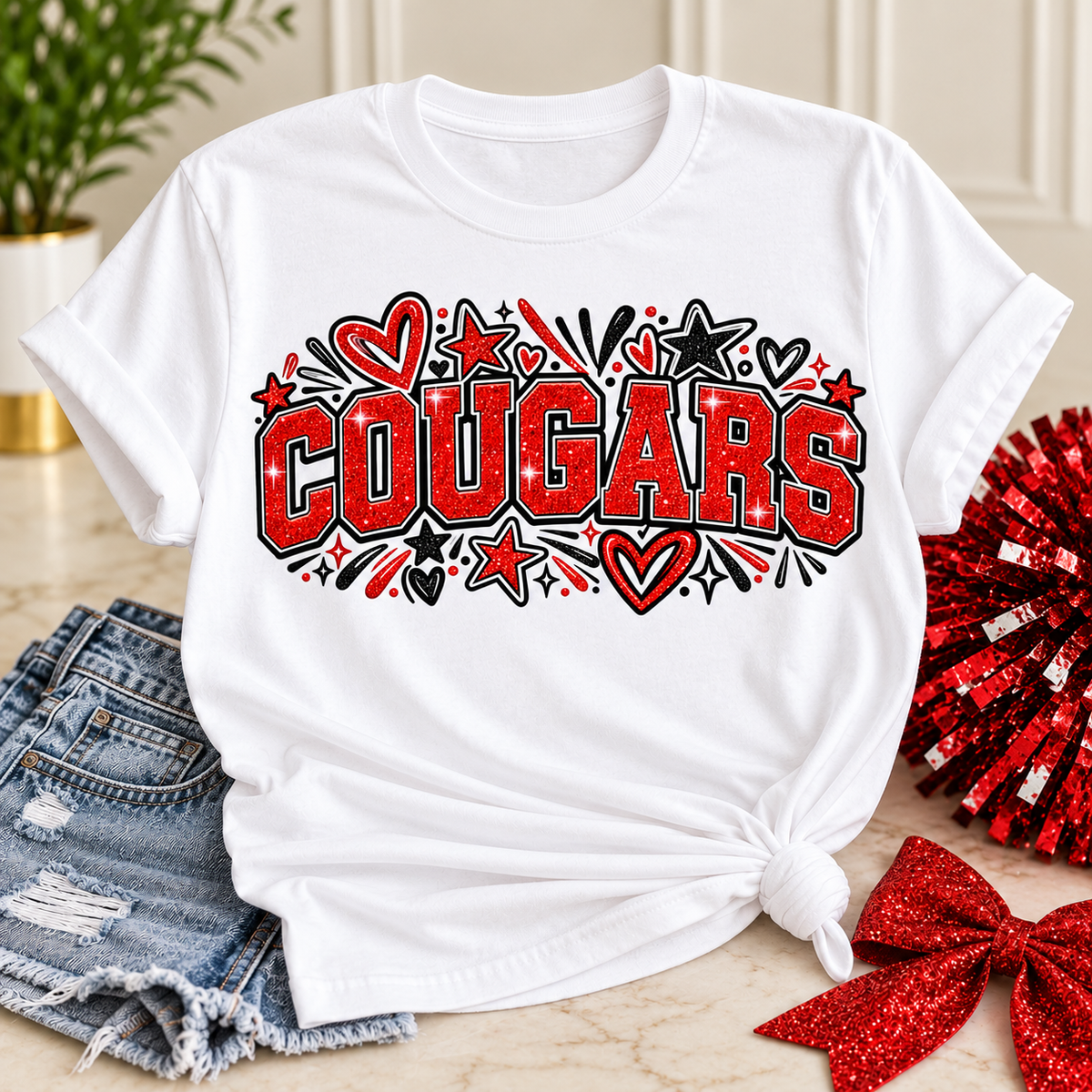 Cougars Glitter Hearts & Stars Tee