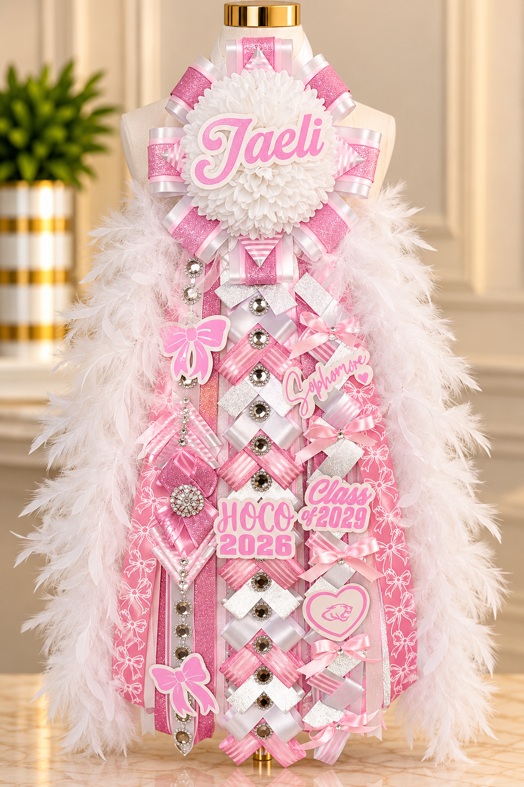 24 inch Triple Heart Homecoming Mum w/Boa