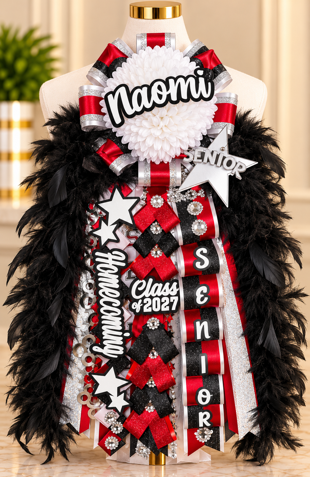 24 inch Triple Heart Homecoming Mum w/Boa