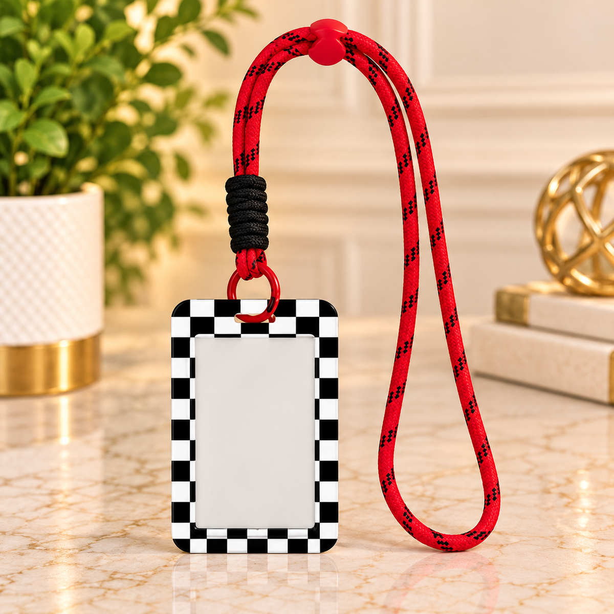 Checkered ID Badge Holder with Adjustable Wrist Lanyard