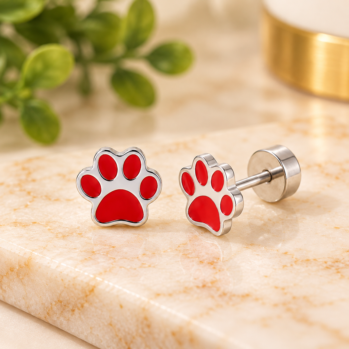 Red Paw Print Stud Earrings